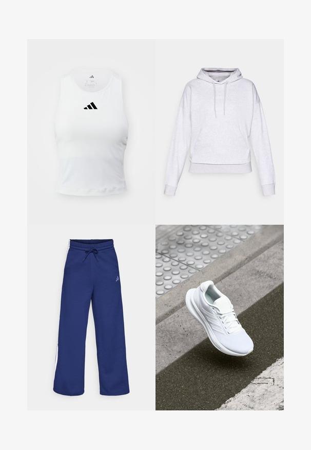 Lichtgrijze hoodie van zacht materiaal, met een voorzak in kangoeroestijl, een capuchon met trekkoord en ribgebreide boorden en onderkant. Logo gecentreerd op de borst.; Witte sportieve tanktop met een gevormd ontwerp, voorzien van een zwart Adidas-logo in het midden van de borst en zachte, vochtafvoerende stof.; Marineblauwe joggingbroek met een trekkoord in de taille en witte strepen aan de zijkanten. Gemaakt van zachte stof met een ontspannen pasvorm; heeft het Adidas-logo.; Witte sportschoen met een bovenwerk van mesh, vetersluiting en een textuurrijke zool. Subtiele branding en naadloze constructiedetails zichtbaar.