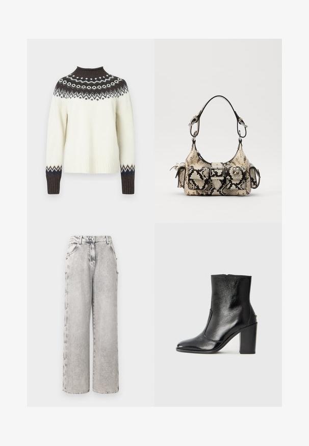 Knitted sweater with a cream body, dark brown high neck, and patterned yoke featuring geometric designs in white, blue, and dark brown.; Iro ANDREEA - Wide Leg - mixed grey; Black leather ankle boot with a smooth texture, pointed toe, and a chunky high heel. Features a side opening and minimalistic design.; Python-print handbag in beige and black, featuring a structured shape, buckle detail, and dual shoulder straps. Textured surface.