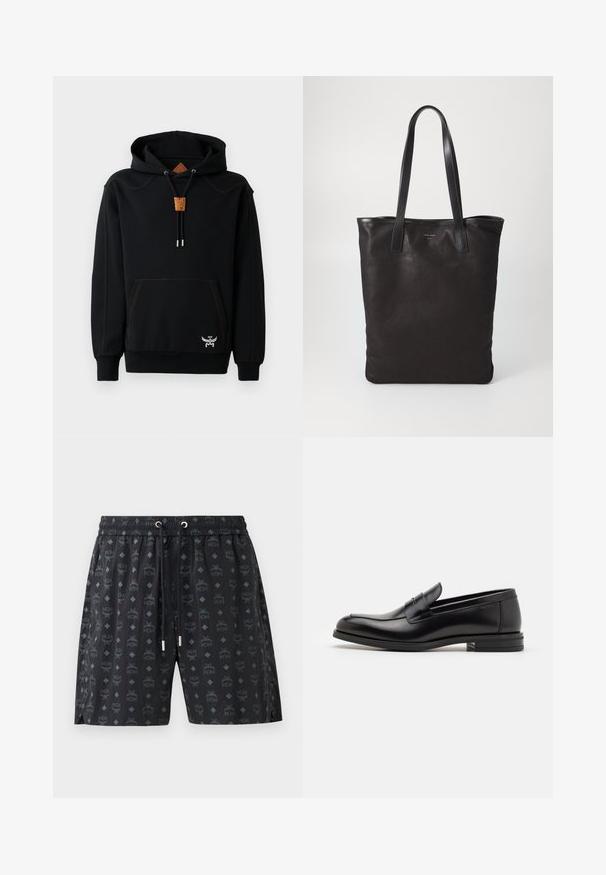 Must värvi puuvillasegune kapuutsiga sviiter, millel on kenguru tasku, oranž õmblus, puidust nööripidaja ja tikandiga logodetail allservas.; Mustad mustad ujumispüksid, millel on korduv logo muster ja teemantkujud. Valmistatud kergest materjalist, elastse vöökoha ja sisseehitatud nööriga.; Mustad mustad nahast loafers sileda tekstuuriga, ümarat ninaosa ja dekoratiivne riba vampi üle. Madal kihiline konts, minimalistlik disain.; Mustmust kott mustade nahkade käepidemetega. Lihtne disain, avar keha ja sile tekstuur. Pole nähtavaid logosid ega mustreid.