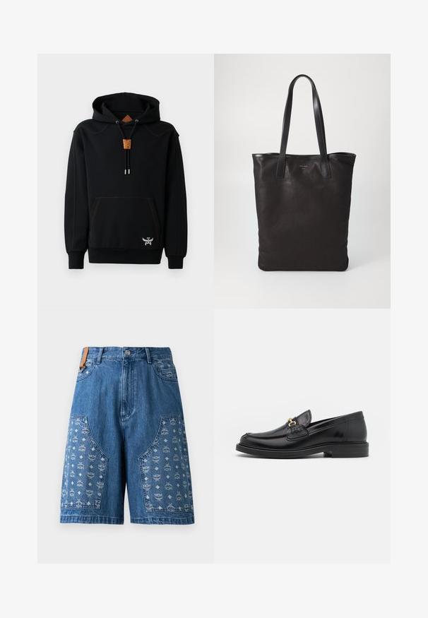 Must värvi puuvillasegune kapuutsiga sviiter, millel on kenguru tasku, oranž õmblus, puidust nööripidaja ja tikandiga logodetail allservas.; Sinised teksapüksid lühikesed püksid, millel on mustriline paneel, mis sisaldab logo motiive, plaastritaskud ning klassikaline talje, millel on metallist nööp sulgemiseks.; Mustad nahast loafers ümarate varvastega, millel on kuldne riistvaraline aksessuaar ja tikandite detail, paigutatud madalale, tekstureeritud kummist tallale.; Mustmust kott mustade nahkade käepidemetega. Lihtne disain, avar keha ja sile tekstuur. Pole nähtavaid logosid ega mustreid.