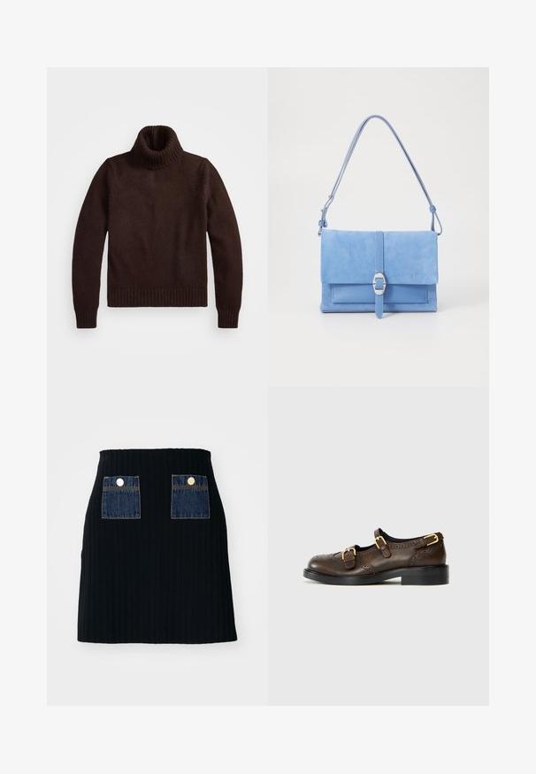 Hnědý, silný pletený rolák s žebrovaným límcem a lemem. Má dlouhé rukávy a volný střih, vyrobený z měkkého textilního materiálu.; Černá žebrovaná mini sukně se slim pasem, která má vpředu dvě modré džínové náprsní kapsy s akcenty stříbrných knoflíků.; Hnědé kožené boty s dvojitým přezkovým zapínáním, perforovanými detaily, nízkým podpatkem, zaoblenou špičkou a hladkým povrchem. Klasický design.; Modrá semišová kabelka se hladkým koženým dnem, překlopnou klopnou, detaily se stříbrnou sponou a dlouhým nastavovacím popruhem.
