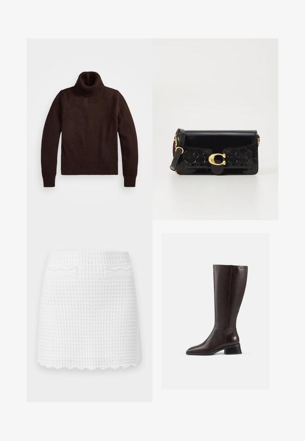 Braune, grob gestrickte Rollkragenswehe mit geripptem Kragen und Saum. Hat lange Ärmel und eine lockere Passform, hergestellt aus weichem Textilmaterial.; sandro JUPE MAILLE MINI POINT FANTAISIE - Minirock - blanc; Knöchelhohe, braune Lederstiefel mit glatter Oberfläche, abgerundeter Spitze und gestapeltem schwarzen Absatz. Schlichtes Design mit minimalen Hardware-Details.; Schwarze Handtasche aus patentiertem Leder mit goldfarbenen Beschlägen, einschließlich eines Verschlusses. Verfügt über ein strukturiertes Design und einen abnehmbaren Trageriemen. Kompakte rechteckige Form.