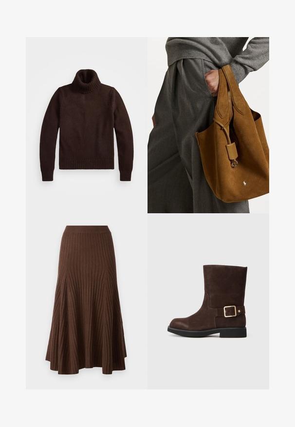 Pulover călduros, tricotat gros, cu guler tip turban și tiv cu nervuri. Prezintă manșete lungi și o croială lejeră, fiind fabricat dintr-un material textil moale.; pure cashmere FLARED SKIRT - Fustă în formă de A - dry lotus; Botină din suede maro până la gleznă, cu vârf rotund, talpă neagră plată și accent cu cataramă aurie pe lateral. Textură netedă și design simplu.; Geantă tote din suede maro cu formă rotunjită, mânere duale și un accent de metal. Prezintă un logo mic în față.