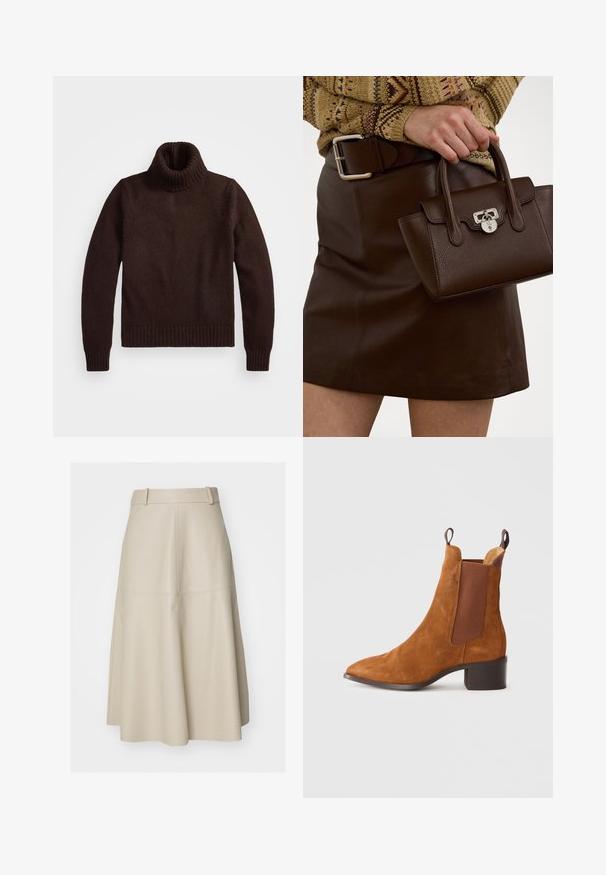 Smeđi, debeli pleteni pulover s visokim ovratnikom, s rebrastim ovratnikom i rubom. Ima duge rukave i opuštenu siluetu, izrađen je od mekanog tekstilnog materijala.; Bež suknja A-linije od kože s prilagođenim strukom, suptilnom teksturom i detaljima šavova, koja pada do sredine tele.; Smešasti antilop čizme do gležnja s špicastim đonom, elastičnim bočnim panelima i niskim blok petama. Imaju uške za lako oblačenje.; Smeđa kožna torba s teksturiranim finišom i srebrnim detaljima, držana rukom pored smeđih kožnih suknji i uzorkovane veste.