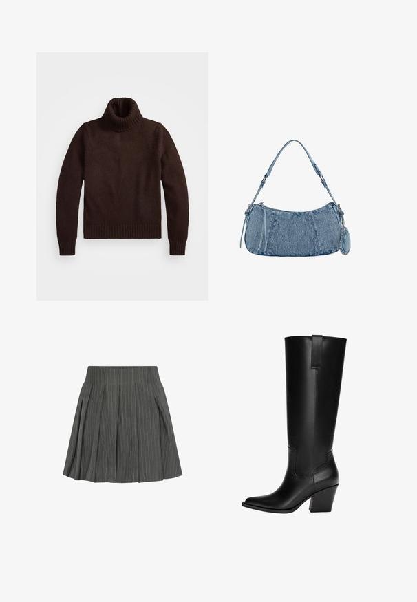 Pulover călduros, tricotat gros, cu guler tip turban și tiv cu nervuri. Prezintă manșete lungi și o croială lejeră, fiind fabricat dintr-un material textil moale.; Moves LUCILLE - Fustă plisată - castlerock; Botine din piele neagră, până la genunchi, cu vârf ascuțit, tocul pătrat și detaliu cusut pe lateral. Include un tab pentru prindere pe spate pentru a fi ușor de încălțat.; Geantă din denim cu o formă curbată, de culoare albastru deschis, curea de umăr ajustabilă și un mic pouch detașabil cu accente metalice.