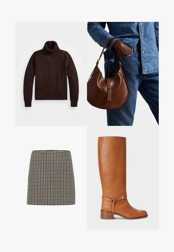 Bruine, chunky gebreide turtleneck trui met geribde kraag en zoom. Heeft lange mouwen en een ontspannen pasvorm, gemaakt van zachte textielmaterialen.; Gekblokte minirok in zwart, bruin en crème. Gestructureerde vorm met een hoge taille. Zachte textuur van de stof met een consistent ruitpatroon.; Hoge bruine leren laarzen met een gladde afwerking, voorzien van een zijkantgesp en een gestapelde hak. De schacht heeft een strakke, ongecompliceerde uitstraling.; Bruine leren hobo tas met een rondvorm, voorzien van een gouden hardwareaccent en contrasterende stiksels. Gecombineerd met een denim shirt en jeans.