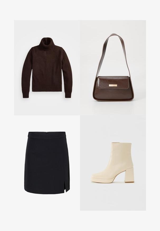 Ruskea, paksu neulepusero, jossa on korkea kaulus ja ribbireunat. Ominaisuuksiin kuuluu pitkät hihat ja rento istuvuus, valmistettu pehmeästä tekstiilimateriaalista.; Musta mini-hame, joka on valmistettu sileästä kankaasta ja jossa on istuva vyötärö. Hameessa on sivureikä ja piilotettu takakiinnitys.; Beige nahkasaapas nilkkamallia, jossa on lohkarekorko ja alusta, sileä pinta ja hieman neliömäinen kärki, käänteessä vasemmalle valkoista taustaa vasten.; Ruskea nahkainen olkalaukku, jossa on rakenteellinen muotoilu, ja jossa on magneettinen läppäkiinnitys sekä metallinen logo korostus edessä.
