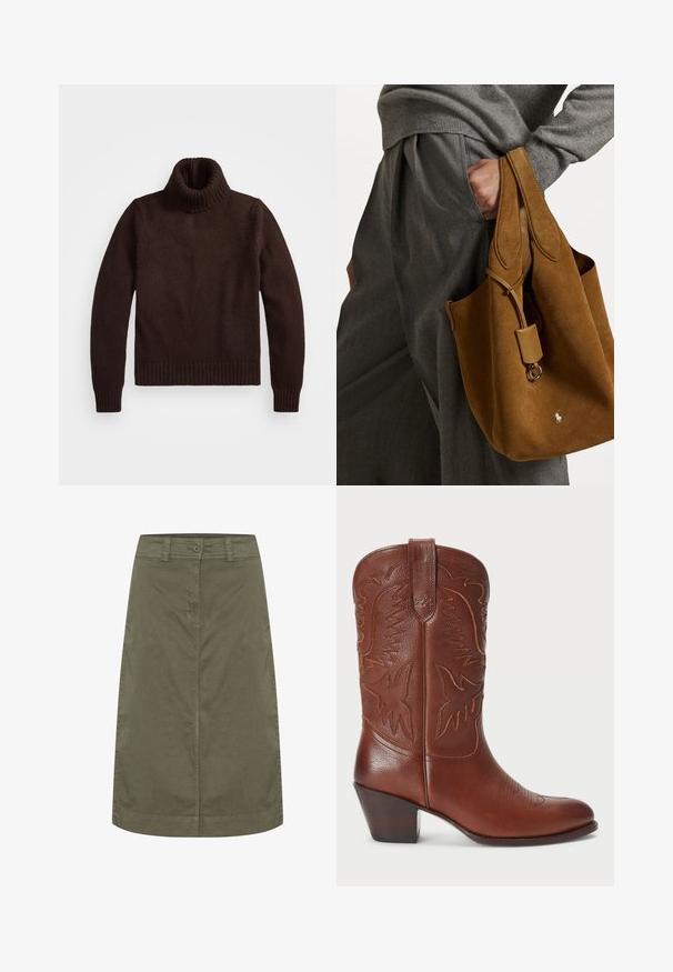 Pull en laine marron à col roulé, en tricot épais avec un col et un ourlet côtelés. Il comporte des manches longues et une coupe décontractée, fabriqué dans un matériau textile doux.; Jupe vert olive en coton, de forme droite, avec fermeture à boutons sur le devant et une texture lisse. Sans embellissements ni motifs.; Botte de cowboy en cuir marron avec un bout pointu, un design western gaufré et un talon empilé. Présente des coutures et une texture lisse.; Sac fourre-tout en daim marron avec une forme arrondie, deux poignées et un accent en métal. Présente un petit logo sur le devant.