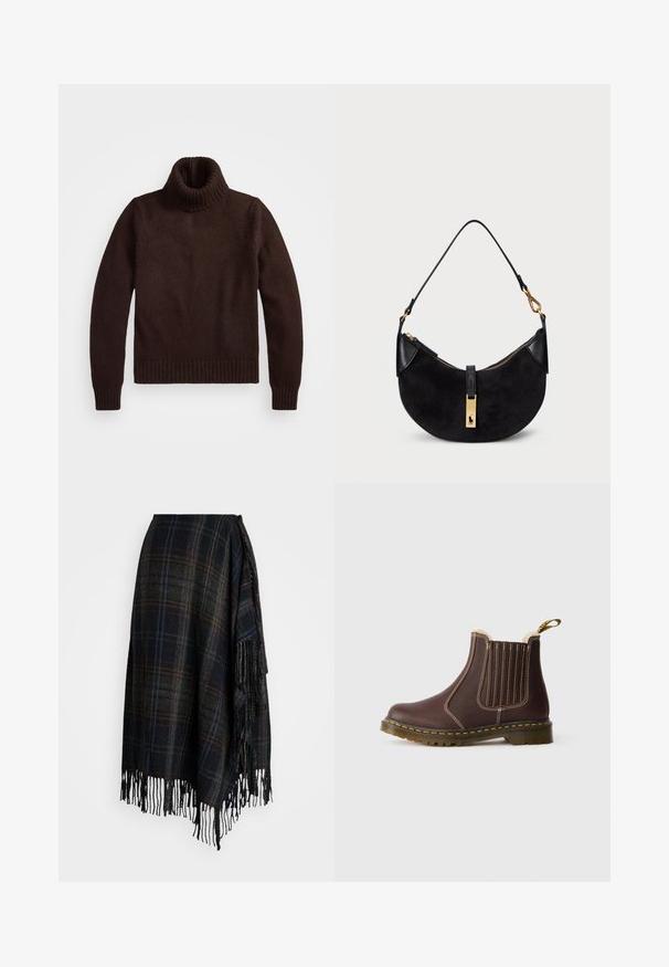 Pulover călduros, tricotat gros, cu guler tip turban și tiv cu nervuri. Prezintă manșete lungi și o croială lejeră, fiind fabricat dintr-un material textil moale.; Fustă din lână cu un model în carouri întunecate și tiv franjurat. Prezintă nuanțe de negru, verde și albastru, cu o închidere legată pe lateral.; Cizme Chelsea din piele maro, cu cusături galbene, panouri laterale elastice, căptușeală din blană și talpă din cauciuc translucid, pe fundal alb.; Geantă neagră cu o formă curbată, realizată din suede și piele, având un fermoar de culoare aurie și un detaliu cu logo. Include o mână scurtă.