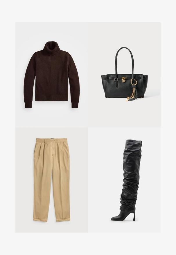 Maglione beige a collo alto con lavorazione a maglia grossa e orlo a coste. Presenta maniche lunghe e una vestibilità comoda, realizzato in un morbido materiale tessile.; Pantaloni di cotone beige chiaro con una vestibilità rilassata, caratterizzati da pinces frontali, tasche laterali e orlo con risvolto.; Stivale in pelle nera sopra il ginocchio con un design morbido, punta appuntita e tacco a stiletto. Presenta una texture morbida e dettagli arricciati.; Borsa a mano in pelle nera con doppi manici, lucchetto dorato e dettaglio a catena, accessorio con nappina in bianco e nero su sfondo bianco.