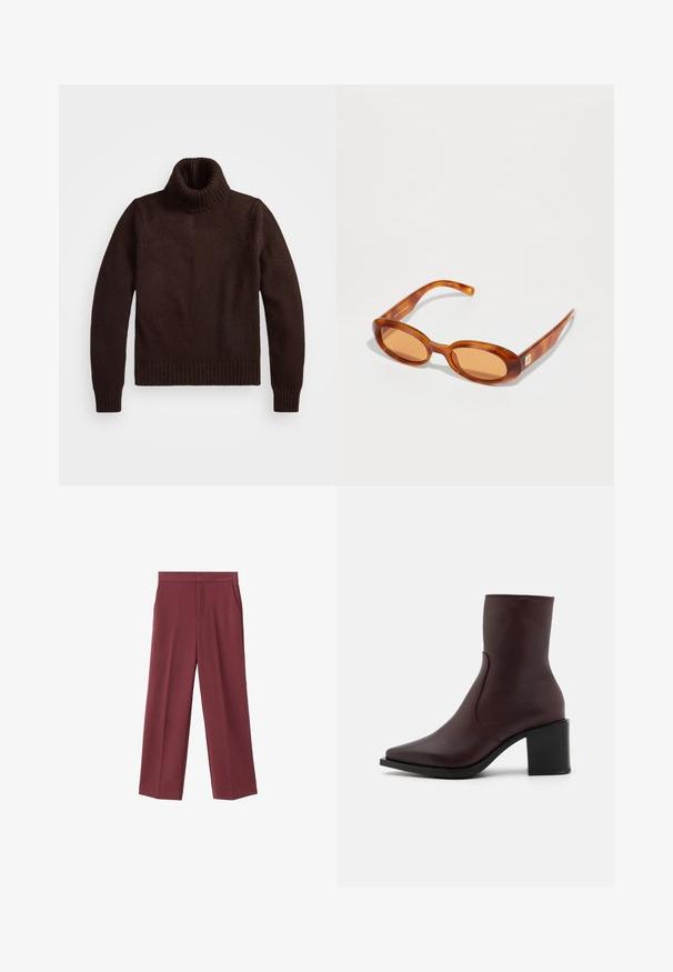 Ruskea, paksu neulepusero, jossa on korkea kaulus ja ribbireunat. Ominaisuuksiin kuuluu pitkät hihat ja rento istuvuus, valmistettu pehmeästä tekstiilimateriaalista.; Bordeaux leveled trousers with a smooth texture, featuring side pockets and a high waist design. Tailored with a clean front crease.; Zign LEATHER - Klassiset nilkkurit - bordeaux; Ruske tortishell sunčane naočale sa zaobljenim lećama i tankim, zakrivljenim drškama. Imaju svijetlo smeđe leće i suptilno metalno brendiranje sa strane.; Tommy Hilfiger LIBRE FLAP CROSSOVER - Olkalaukku - deep rouge
