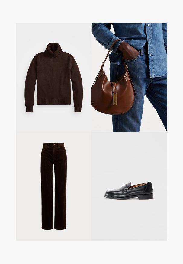 Pruun, paksu koustrikkige särk kõrge kraega, ribakraega ja -äärega. Omab pikki varrukaid ja vaba lõiget, valmistatud pehmest kangast.; Polo Ralph Lauren COTTON CORDUROY WIDE-LEG PANT - Püksid - dark beech; Mustad mustad nahast mokassiinid ümarate varvastega, tikandite ja siledaga tekstuuriga. Omab madalat kontsa ja libisemisvõimet.; Pruun nahast hobo kott ümmarguse kujuga, millel on kuldne metallist detail ja kontrastne õmblus. Koos teksapitsi ja teksastega.