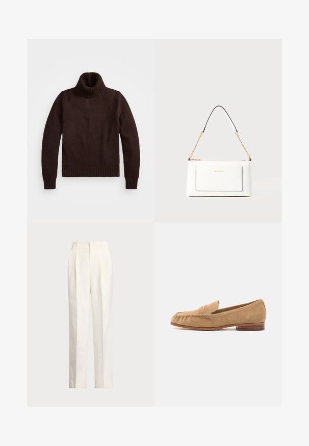 Bruine, chunky gebreide turtleneck trui met geribde kraag en zoom. Heeft lange mouwen en een ontspannen pasvorm, gemaakt van zachte textielmaterialen.; Polo Ralph Lauren HEMP WIDE LEG PANT - Broek - nevis; Suède loafers in lichtbeige met een ronde neus, een voorbandaccent en een lage houten hak. Gladde textuur en minimale stikdetails.; Witte leren handtas met een textuurafwerking, voorzien van een gouden schouderhengsel en zwarte accenten. Inclusief een voorvak en ritssluiting.