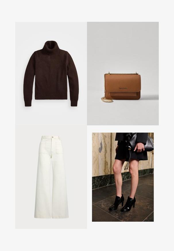 Brown, chunky knit turtleneck sweater with ribbed collar and hem. Features long sleeves and a relaxed fit, made from soft textile material.; Wide-leg jeans in off-white denim. High-waisted design with a button closure, two front pockets, and contrast stitching details.; Woman wearing black ankle boots and a black skirt, holding a large black leather clutch, standing on dark tiled floor near marble wall.; Brown textured leather crossbody bag with gold chain strap and flap closure. Front features logo detail and a pocket under the flap.