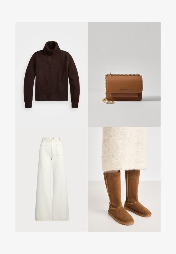 Rjav, debel pleten jopič s turtlenečkom z rebrastim ovratnikom in robom. Ima dolge rokave in sproščen kroj ter je izdelan iz mehke tekstilne snovi.; Široke jeans hlače v off-white denim tkanini. Visok pas z gumbnim zapiranjem, dvema sprednjima žepoma in detajli kontrastnega šivanja.; Gležnjarji iz rjave suede usnja, ki dosežejo do kolen, z gladko teksturo, ob strani z usnjenimi šivi ter gumijastim podplatom za boljši oprijem.; Rjava teksturirana usnjena torba čez ramo z zlatim verižnim trakom in zapiranjem na pokrov. Spredaj je vidna podrobnost logotipa in žep pod pokrovom.