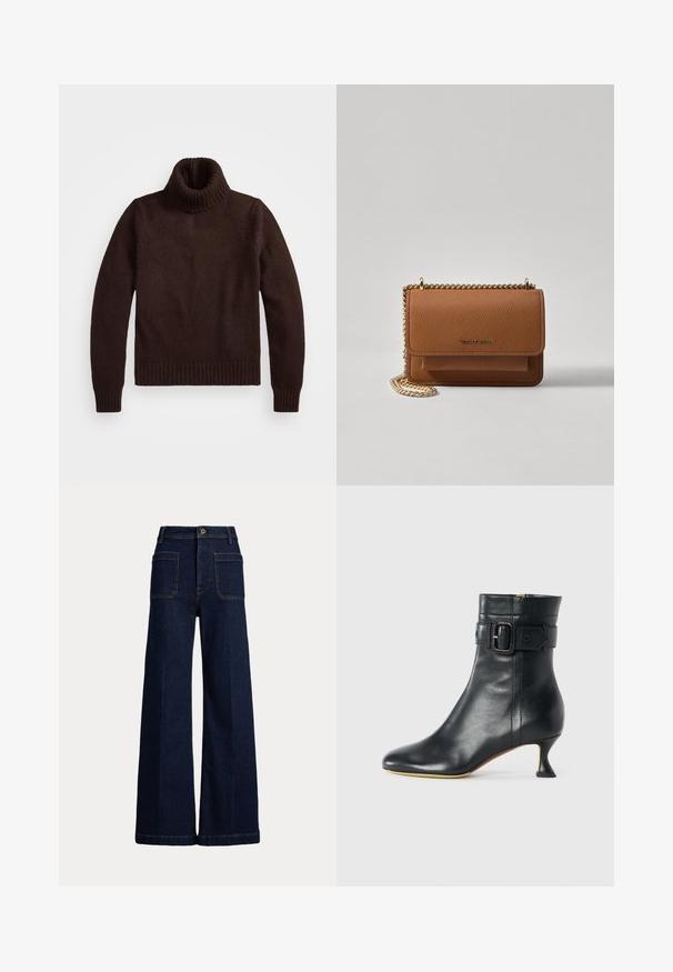 Suéter castanho de malha grossa com gola alta e bainha canelada. Apresenta mangas longas e um corte descontraído, feito de um material têxtil suave.; Jeans de ganga escuros de perna larga com uma cintura alta, design de cinco bolsos e costura em contraste. Apresenta um fecho de botão e uma forma estruturada.; Bota de tornozelo em couro preto com bico pontiagudo, salto afunilado e detalhe de fivela na bainha. Textura suave e design elegante.; Bolsa crossbody de couro texturizado castanho com alça de corrente dourada e fecho com aba. A parte da frente apresenta detalhe do logótipo e um bolso sob a aba.