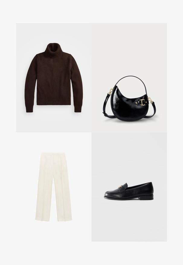 Brun, chunky strik-turtleneck sweater med ribkantet krave og nederkant. Har lange ærmer og en afslappet pasform, lavet af blødt tekstilmateriale.; Bredbenede bukser i en lys cremefarve. Fremstillet af et glat stof med plisseringer foran og sidelommer.; Sort læder loafers med lav hæl og guld dekoreret emblem på remmen, præsenteret på en ensfarvet lys grå baggrund.; Sort patenteret lædertaske med en buet form, justerbar rem og detaljer i guldtonet metal på siden. Glat, skinnende overflade.