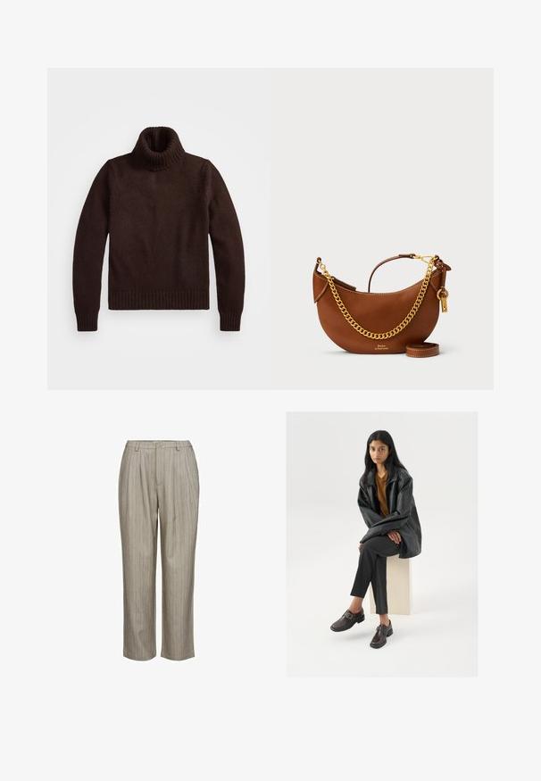 Braune, grob gestrickte Rollkragenswehe mit geripptem Kragen und Saum. Hat lange Ärmel und eine lockere Passform, hergestellt aus weichem Textilmaterial.; Hellgraue, plissierte Hose mit vertikalen Streifen, hergestellt aus einem strukturierten Stoff. Verfügt über einen Bund mit einem einzelnen Knopf und einem geraden Bein-Design.; Schwarze lederne Oversize-Jacke, orangefarbenes Oberteil, graue maßgeschneiderte Hosen und braune Schnallenschuhe, sitzend auf einem hellen Block vor einem weißen Hintergrund.; Braune Lederhandtasche mit geschwungenem Design, goldener Kettenriemen, Innentasche und abnehmbarem Schulterriemen. Mit kontrastierenden Nähten.