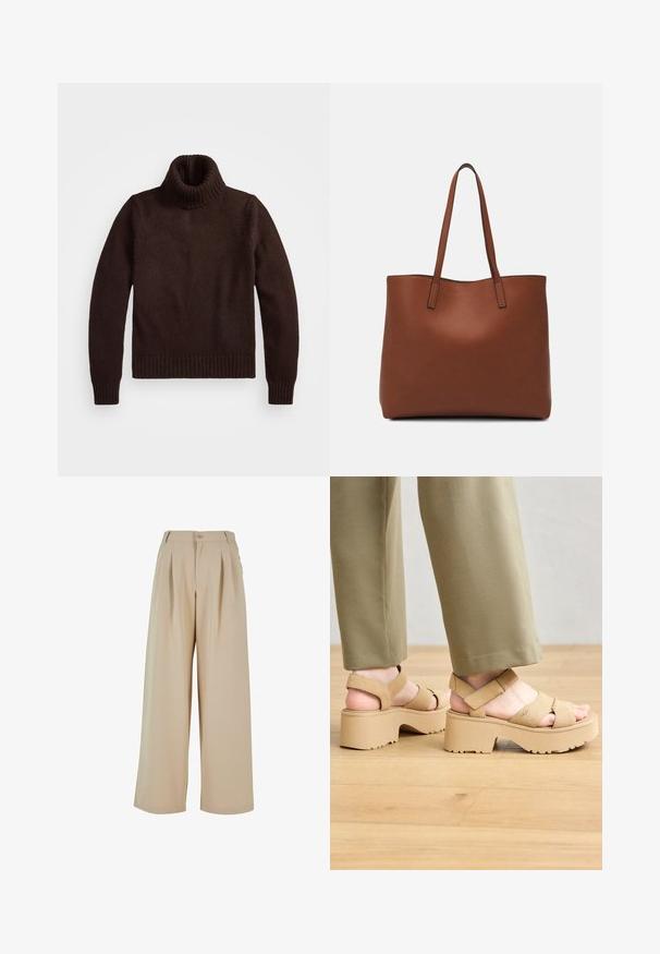 Pulover călduros, tricotat gros, cu guler tip turban și tiv cu nervuri. Prezintă manșete lungi și o croială lejeră, fiind fabricat dintr-un material textil moale.; Pantaloni bej cu picioare largi, cu față plisată, închidere cu nasture și o textură netedă. Prezintă un talie croit și buzunare laterale.; Sandale platform din suede bej, cu curele late și o talpă masivă. Au curea ajustabilă la spate și un profil texturat pentru aderență.; Geantă de umăr din piele maro cu o textură netedă, design cu vârf deschis și două curele pentru umăr. Prezintă cusături minime și fără componente metalice vizibile.
