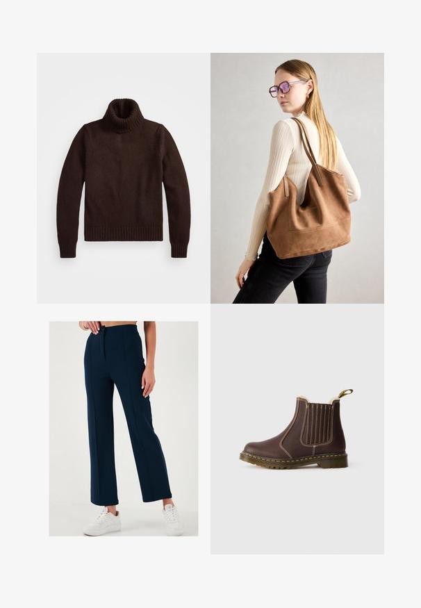 Brūns, masīvs adīts turtlenecks džemperis ar ribotām apkakli un apakšu. Iezīmes garās piedurknes un brīvu piegriezumu, izgatavots no mīkstas tekstilvielas.; Jūras zila plata kāju bikses ar gludu tekstūru, priekšējo pogu aizdari un divām sānu kabatām, apvienotas ar baltām apaviem.; Brūnas ādas Čelsija zābaki ar dzeltenu izšuvumu, elastīgām sānu paneļiem, vilnas oderi un caurspīdīgu gumijas zoli uz baltā fona.; Burgundijas zamšs tote soma ar mīkstu tekstūru, plašu atveri un garām siksnām. Iezīmē vienkāršu dizainu ar redzamām šuvēm un bez aparatūras.