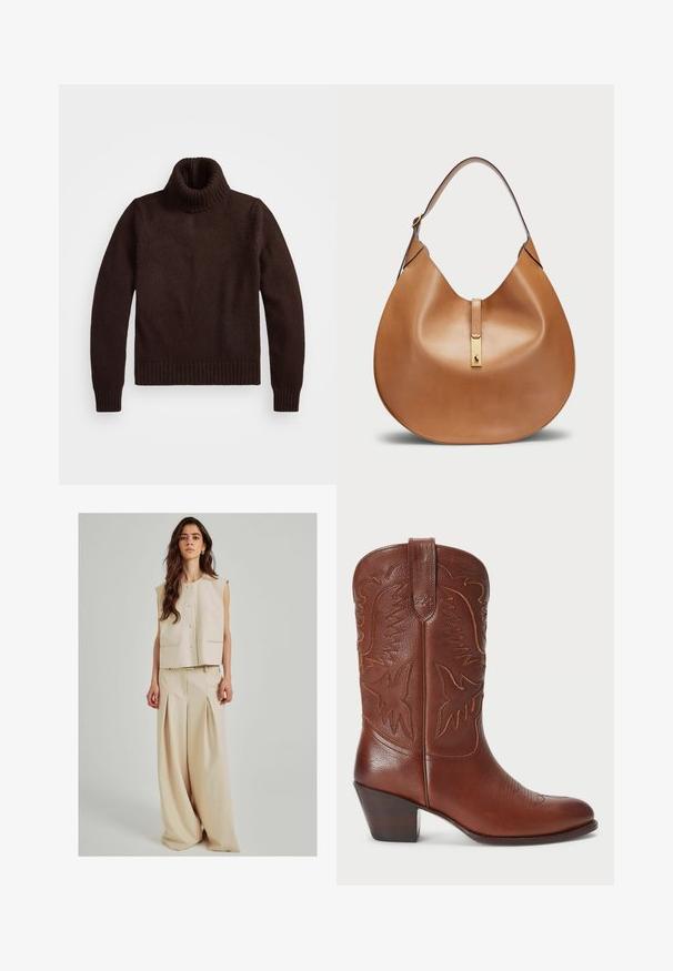 Brūns, masīvs adīts turtlenecks džemperis ar ribotām apkakli un apakšu. Iezīmes garās piedurknes un brīvu piegriezumu, izgatavots no mīkstas tekstilvielas.; Vasarīgs bežs bezpiedurkņu augšējais tops ar priekšējiem pogām un divām kabatām, kombinēts ar augstām, plašām biksēm ar krokām. Gluda auduma.; Brahna ādas kovboju zābaks ar norādītu pirkstu, izdaiļots rietumu dizains un uzlikts papēdis. Ietver šuves un gludu tekstūru.; Tan krāsas ādas rokassoma ar izliekta formu un plašu plecu siksnu. Iekļauj zelta metāla akcentu centrā un vienmērīgu tekstūru.