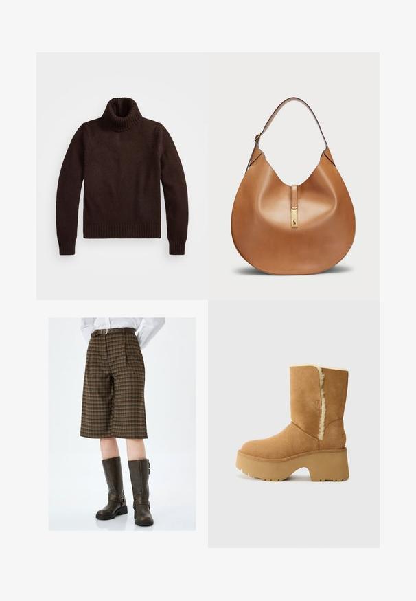 Brązowy, gruby sweter z golfem o luźnym kroju, z prążkowanym kołnierzem i wykończeniem. Posiada długie rękawy i jest wykonany z miękkiego materiału tekstylnego.; Brązowe szorty w kratę do kolan z zaszewkami, z brązowym paskiem. W duecie z wysokimi, ciemnobrązowymi skórzanymi botkami z klamrami.; UGG NEW HEIGHTS CUFF koniakowy; Torba skórzana w kolorze brązowym o zaokrąglonym kształcie i szerokim pasku na ramię. Posiada złoty metalowy akcent na środku oraz gładką fakturę.