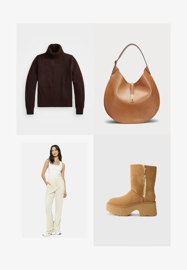 Bruine, chunky gebreide turtleneck trui met geribde kraag en zoom. Heeft lange mouwen en een ontspannen pasvorm, gemaakt van zachte textielmaterialen.; Beige, rechte broek met een soepele textuur en voorzakken, gecombineerd met een aansluitend wit tanktop en witte sportschoenen.; UGG NEW HEIGHTS CUFF - Snowboots - chestnut; Tan leren handtas met een gebogen vorm en een brede schouderband. Heeft een gouden metalen accent in het midden en een gladde textuur.