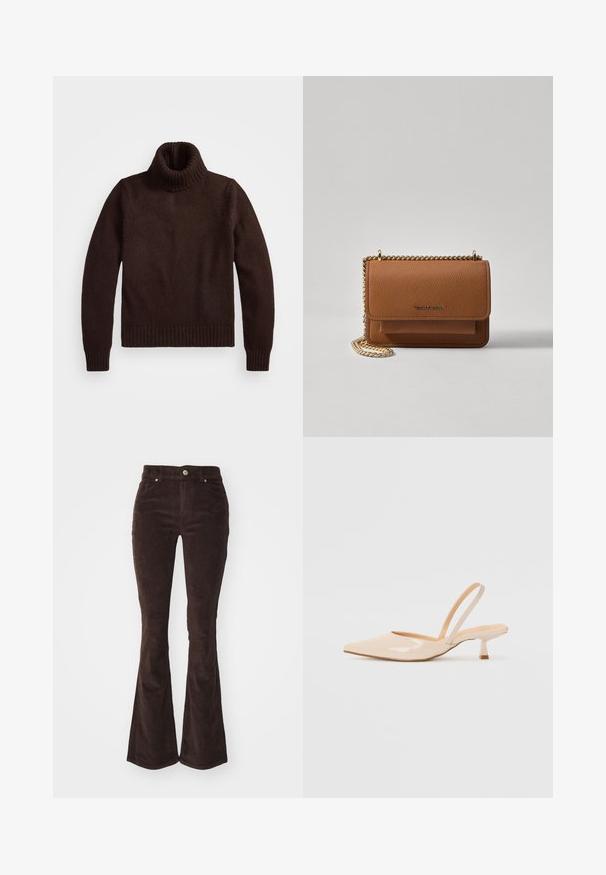 Brūns, masīvs adīts turtlenecks džemperis ar ribotām apkakli un apakšu. Iezīmes garās piedurknes un brīvu piegriezumu, izgatavots no mīkstas tekstilvielas.; Vero Moda VMFLASH FLARED PANTS - Auduma bikses - chocolate torte; Bežīgas lakotas ādas slingback papēži ar smailu purngalu un šauru, kvadrātveida papēdi. Gluda tekstūra un minimālistisks dizains bez dekorēšanas elementiem.; Brūna teksturēta ādas plecu soma ar zelta ķēdes siksnu un atloka aizdari. Priekšpusē ir logotipa detaļa un kabata zem atloka.