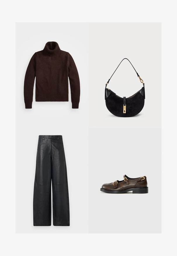 Hnědý, silný pletený rolák s žebrovaným límcem a lemem. Má dlouhé rukávy a volný střih, vyrobený z měkkého textilního materiálu.; Černé kožené kalhoty širokého střihu s hladkou texturou, které mají strukturovaný pas a jemné švy.; Hnědé kožené boty s dvojitým přezkovým zapínáním, perforovanými detaily, nízkým podpatkem, zaoblenou špičkou a hladkým povrchem. Klasický design.; Černá kabelka s zakřiveným tvarem, vyrobená z semiše a kůže, s pozlaceným zipem a detailem loga. Obsahuje krátké ucho.