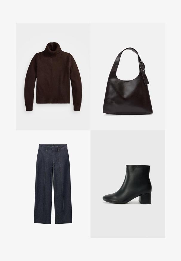 Hnedý, hrubý pletený rolák so rebrovaným golierom a lemom. Má dlhé rukávy a voľný strih, vyrobený z mäkkého textilného materiálu.; Tmavomodré riflové nohavice širokého strihu s prednými švami a štandardným pásom. Majú oranžové švy a skrátenú dĺžku.; Čierne kožené členkové čižmy s špicatou špičkou a hrubým podpätkom. Hladká textúra s minimálnymi akcentmi a elegantným, priliehavým dizajnom.; Hnedá kožená taška cez rameno s hladkým povrchom, zaobleným tvarom, širokým popruhom a kruhovým kovovým akcentom na rúčke.