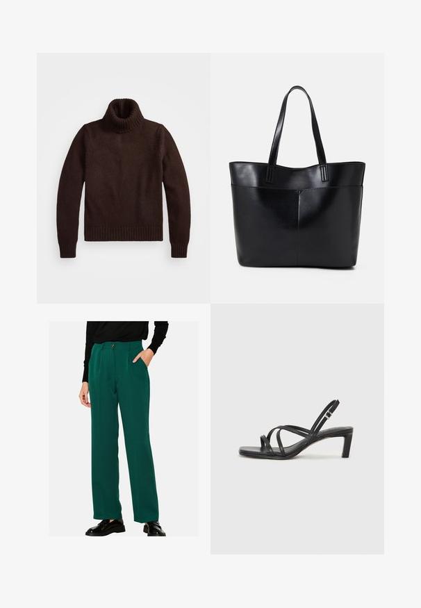 Brūns, masīvs adīts turtlenecks džemperis ar ribotām apkakli un apakšu. Iezīmes garās piedurknes un brīvu piegriezumu, izgatavots no mīkstas tekstilvielas.; Zaļas, platākas bikses, kas izgatavotas no teksturēta auduma, ar sprādzēm, sānu kabatām un pogu aizdari jostasvietā.; Melnas strappy sandales ar kvadrātveida purngaliem un zemu bloku papēdi. Ievērojamas ar vairākiem plāniem siksniņām un regulējamu potītes siksniņu. Izgatavotas no gludas ādas.; Melnas ādas iepirkumu soma ar divām garām rokturām, gludu tekstūru un strukturētu formu. Iekļauj priekšējo kabatu papildu uzglabāšanai.