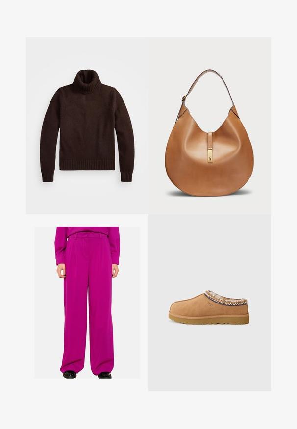 Pruun, paksu koustrikkige särk kõrge kraega, ribakraega ja -äärega. Omab pikki varrukaid ja vaba lõiget, valmistatud pehmest kangast.; Laiad püksid erksas fuksias, valmistatud siledast kangast. Omavad kohandatud vöökohta koos voldidega ja küljetaskutega.; Tan nubukist libised jalatsid, millel on tekstureeritud villane vooder ja dekoratiivne etnilise stiiliga tikand krae ümber. Omab kummist tallat.; Kohvane nahast käekott, millel on kaarjas kuju ja lai õlavööt. Koti keskosas on kuldne metallne detail ning pind on sile.