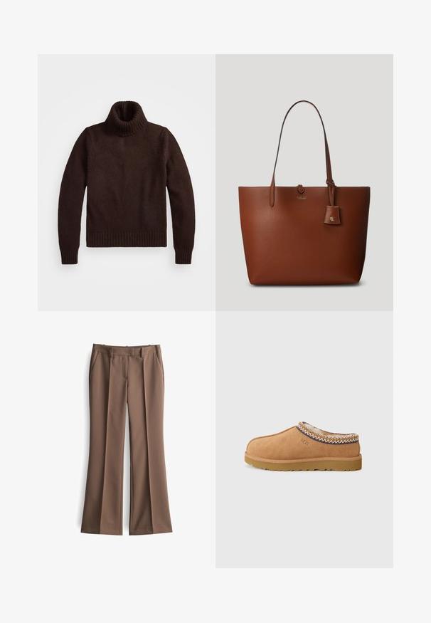 Maglione beige a collo alto con lavorazione a maglia grossa e orlo a coste. Presenta maniche lunghe e una vestibilità comoda, realizzato in un morbido materiale tessile.; Pantaloni a palazzo marroni realizzati in tessuto strutturato, con pieghe frontali, due tasche laterali e una vita standard, creando un look sartoriale.; Scarpa slip-on in suede beige con una fodera in lana testurizzata e cuciture decorative in stile etnico attorno al colletto. Presenta una suola in gomma.; Borsa tote in pelle marrone a granuli con due manici, un piccolo tag attaccato e un logo discreto nella parte anteriore. Texture liscia con forma strutturata.