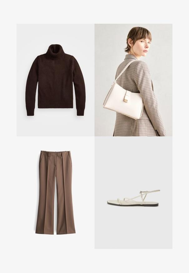 Braune, grob gestrickte Rollkragenswehe mit geripptem Kragen und Saum. Hat lange Ärmel und eine lockere Passform, hergestellt aus weichem Textilmaterial.; Braune ausgestellte Hosen aus strukturiertem Stoff, mit frontalen Falten, zwei seitlichen Taschen und einem normalen Bund, die einen maßgeschneiderten Look erzeugen.; Beige flache Sandale mit mehreren schlanken Riemen und einer verstellbaren Schnalle. Die Sohle ist flach und hat einen leichten dunklen Kontrast am Rand.; Weiße Lederhandtasche mit strukturiertem Design, ausgestattet mit einem Magnetverschluss und einem Schulterriemen, präsentiert vor einem neutralen Hintergrund.