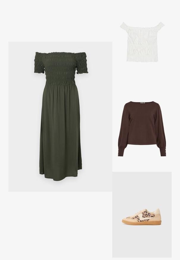 Rudas megztinis su valtimi panašiu kaklo iškirpte, ilgomis pūstomis rankovėmis ir sagutėmis rankogaliuose. Turi laisvo kirpimo siluetą ir lygų paviršių.; Tamsiai alyvuogių žalia suknelė, be pečių, su raukiniais krūtinėje, trumpomis rankovėmis ir tekanti, iki kulkšnies ilgumo sijonu. Minkšta, lengva medžiaga.; Balta be rankovių viršutinė dalis su raukšlėmis, susiraukšlėjusiu paviršiumi ir elastingu juosmeniu. Pagaminta iš minkštos medvilnės medžiagos.; Leopardų rašto sportiniai batai su smėlio spalvos zomšiniu viršumi, rusvu guminiu padu ir baltais akcentais. Apvalus nosis ir raištelių užsegimas su tekstūruotu paviršiumi.