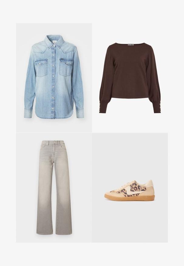 Camisola castanha de malha com decote barco, mangas compridas bufantes e detalhes com botões nos punhos. Apresenta um ajuste descontraído e textura suave.; Lee REGULAR WESTERN SHIRT - Blusa com botões - modern blue; Top branco sem alças com detalhes em babados, textura franzida e cintura elástica. Feito de tecido de algodão macio.; Jeans largos cinzentos com um acabamento desbotado, fecho de botão, design de cinco bolsos e detalhes costurados ao longo das costuras.; Sapatilhas com padrão de leopardo, parte superior em camurça bege, sola de borracha castanha e detalhes brancos. Bico redondo e design com atacadores, com um acabamento texturizado.