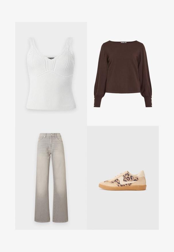 Brown knitted sweater with a boat neckline, long puff sleeves, and button accents at the cuffs. Features a relaxed fit and smooth texture.; White ribbed knit tank top with thick straps, features a textured pattern and a fitted silhouette, designed for a snug fit.; Gray wide-leg jeans with a faded finish, button closure, five-pocket design, and stitched detailing along the seams.; Leopard print sneakers with beige suede upper, tan rubber sole, and white accents. Round toe and lace-up design with a textured finish.