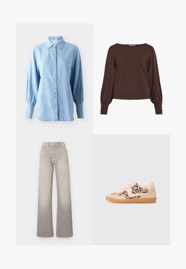 Brun strikket sweater med bådudskæring, lange pufærmer og knapdetaljer ved ærmekanterne. Har en afslappet pasform og en glat tekstur.; Lys blå denimskjorte med krave, knaplukning foran og lange pufærmer. Har en subtil tekstur og matchende knapper.; Hvid off-the-shoulder top med flæse-accenter, samlet tekstur og elastisk talje. Lavet af blødt bomuldsstof.; Grå vide ben jeans med en falmet finish, knaplukning, fem-lomme design og syede detaljer langs sømmene.; Leopardprint sneakers med beige ruskindsoverdel, tan gummisål og hvide detaljer. Rund pegefinger og snørebåndsdesign med en tekstureret finish.