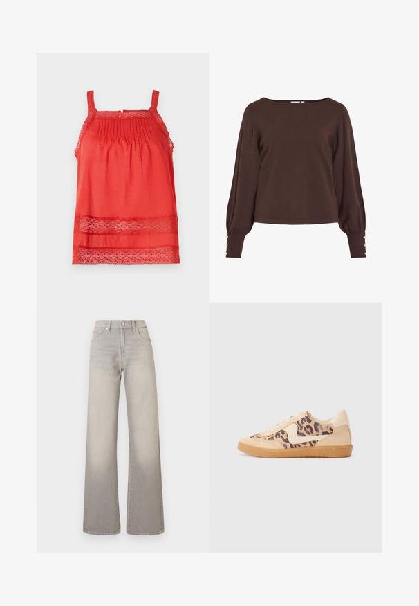 Brun strikket sweater med bådudskæring, lange pufærmer og knapdetaljer ved ærmekanterne. Har en afslappet pasform og en glat tekstur.; Rød ærmeløs top lavet af letvægtsstof, med plisseringer ved overkroppen og blondeaccenter langs kanten og stropperne.; Hvid off-the-shoulder top med flæse-accenter, samlet tekstur og elastisk talje. Lavet af blødt bomuldsstof.; Grå vide ben jeans med en falmet finish, knaplukning, fem-lomme design og syede detaljer langs sømmene.; Leopardprint sneakers med beige ruskindsoverdel, tan gummisål og hvide detaljer. Rund pegefinger og snørebåndsdesign med en tekstureret finish.