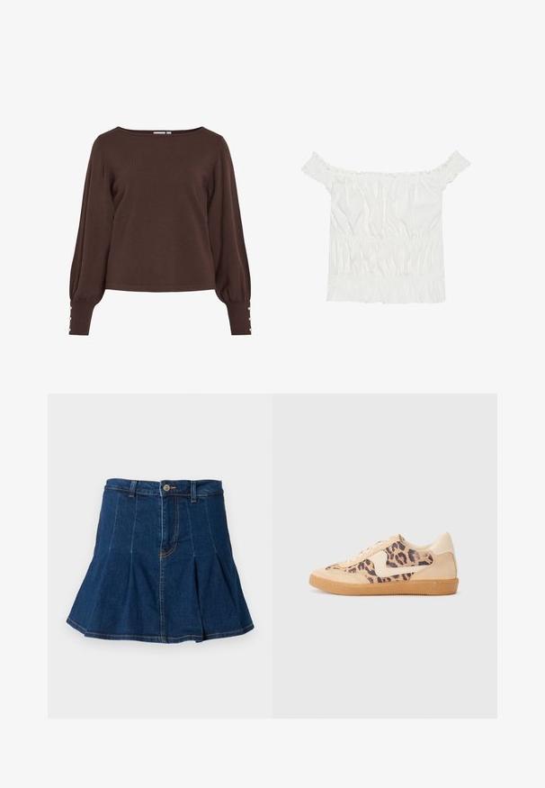 Camisola castanha de malha com decote barco, mangas compridas bufantes e detalhes com botões nos punhos. Apresenta um ajuste descontraído e textura suave.; Top branco sem alças com detalhes em babados, textura franzida e cintura elástica. Feito de tecido de algodão macio.; Saia de ganga azul-escura, com um design plissado, cinco bolsos, fecho frontal com botão e detalhes de costura em contraste.; Sapatilhas com padrão de leopardo, parte superior em camurça bege, sola de borracha castanha e detalhes brancos. Bico redondo e design com atacadores, com um acabamento texturizado.