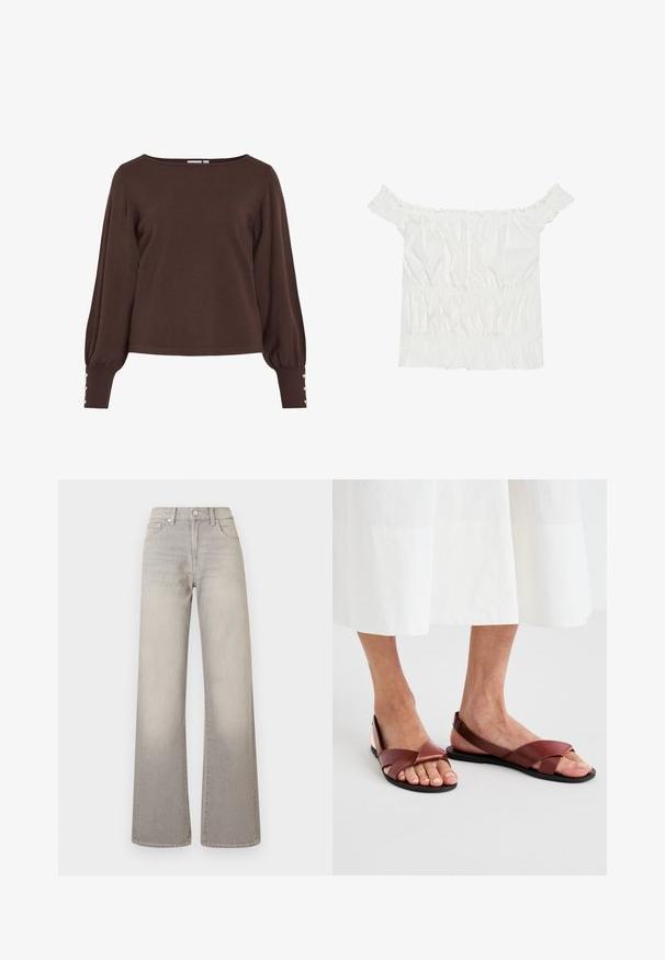 Barna kötött pulóver hajónyak-kivágással, hosszú, puffos ujjakkal és gombos díszítéssel a mandzsettákon. Laza szabású és sima tapintású.; Fehér, váll nélküli felső fodros díszítéssel, redőzött textúrával és rugalmas derékkal. Puha pamutanyagból készült.; Szürke, bőszárú farmernadrág elhalványodott hatással, gombos záródással, öt zsebes kialakítással és varrással díszített varratokkal.; Barna bőrszandál keresztbe fonott pántokkal és nyitott hátsó résszel, lapos talppal. A pántok simák és matt felületűek.