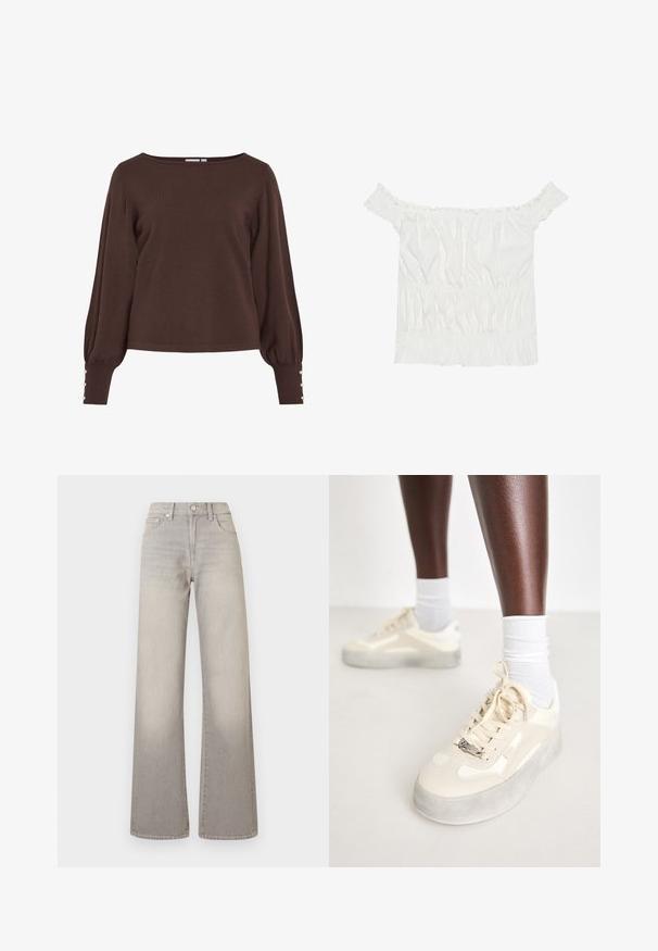 Brun strikkegenser med båthals, lange puffermser og knappedetaljer ved ermene. Har en avslappet passform og glatt tekstur.; Hvit av-shoulder topp med volanger, samlet tekstur og elastisk midje. Laget av myk bomull.; Grå vide ben jeans med en falmet finish, knaplukning, fem-lomme design og stikninger langs sømmen.; Beige sneakers med glatt lær og semskede detaljer, grå gummisåle, teksturerte mønstre og en metallisk merke-logo på siden.
