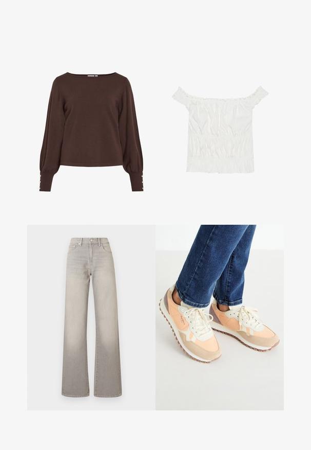Hnědý pletený svetr s výstřihem do člunu, dlouhými nafouklými rukávy a knoflíkovými detaily na manžetách. Má volný střih a hladkou texturu.; Bílý top s odhalenými rameny, s volánkovými detaily, nařasenou texturou a elastickým pasem. Vyrobeno z měkké bavlněné tkaniny.; Šedé široké džíny s vybledlým vzhledem, zapínání na knoflík, pět kapsičkový design a prošívání podél švů.; Lehké tenisky v broskvových a smetanových tónech, vyrobené z nubuku a síťoviny, s šněrováním a gumovou podrážkou s protiskluzovým vzorem.