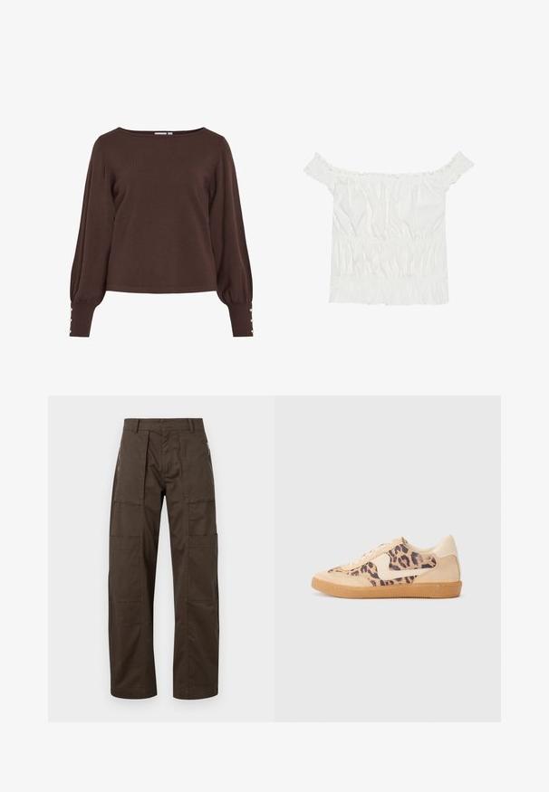 Maglione marrone lavorato a maglia con scollo a barca, maniche lunghe a sbuffo e dettagli con bottoni sui polsini. Presenta una vestibilità comoda e una texture liscia.; Top bianco senza spalline con dettagli arricciati, texture plissettata e vita elasticizzata. Realizzato in morbido cotone.; Pantaloni cargo marroni realizzati in un tessuto resistente, caratterizzati da numerose tasche, una vestibilità comoda e dettagli di cucitura prominenti per garantire durata.; Sneakers in stampa leopardata con parte superiore in suede beige, suola in gomma color caramello e dettagli bianchi. Punta rotonda e design con lacci, con una finitura testurizzata.