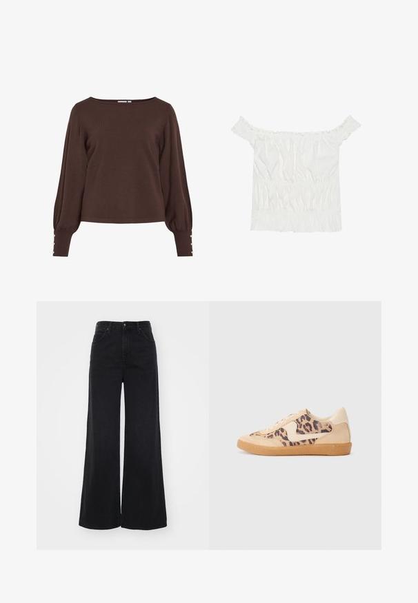 Brauner Strickpullover mit Bootsausschnitt, langen Puffärmeln und Knopfakzenten an den Bündchen. Verfügt über eine lockere Passform und eine glatte Textur.; Weißes Off-Shoulder-Top mit Rüschendetails, gepufftem Textil und einem elastischen Bund. Hergestellt aus weichem Baumwollstoff.; Hochgeschnittene schwarze Mom-Jeans mit weitem Bein, Front- und Gesäßtaschen, Gürtelschlaufen und Knopfschluss.; Löwenmuster-Sneaker mit beige Wildleder-Obermaterial, tanfarbener Gummisohle und weißen Akzenten. Runde Zehenform und Schnürdesign mit strukturiertem Finish.