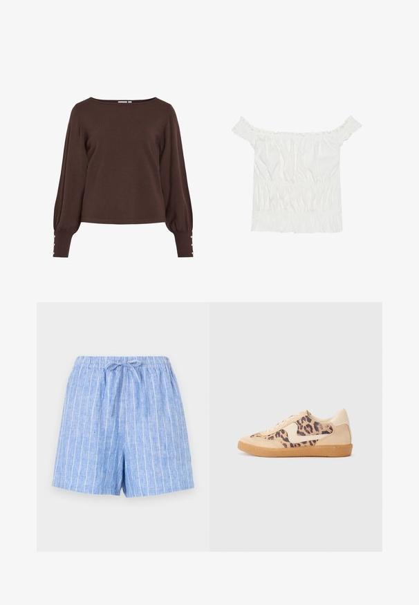 Brown knitted sweater with a boat neckline, long puff sleeves, and button accents at the cuffs. Features a relaxed fit and smooth texture.; White off-the-shoulder top with ruffled accents, gathered texture, and an elasticized waistband. Made from soft cotton fabric.; Light blue linen shorts with white vertical stripes, an elastic waistband, and a tied drawstring at the front.; Leopard print sneakers with beige suede upper, tan rubber sole, and white accents. Round toe and lace-up design with a textured finish.