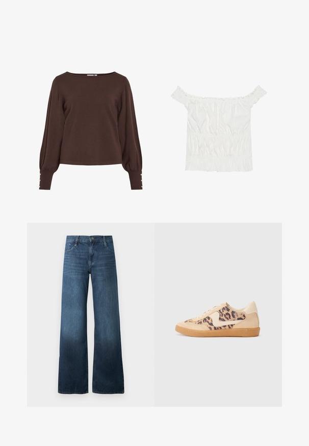 Suéter marrón de punto con escote barco, mangas largas abullonadas y botones decorativos en los puños. Presenta un ajuste holgado y una textura suave.; Top blanco sin mangas con detalles de volantes, textura fruncida y cintura elástica. Fabricado en suave tejido de algodón.; Jeans de pernera ancha en azul oscuro, fabricados en denim, con una cintura alta, diseño de cinco bolsillos y un sutil desvanecimiento en el dobladillo. Cierre estándar con botón.; Zapatillas de leopardo con parte superior de ante beige, suela de goma marrón y acentos blancos. Punta redonda y diseño con cordones con un acabado texturado.