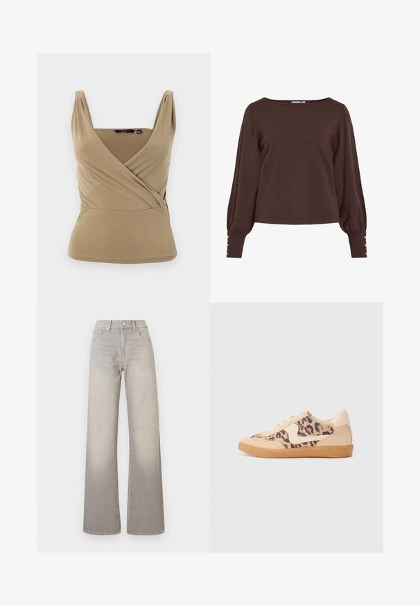 Barna kötött pulóver hajónyak-kivágással, hosszú, puffos ujjakkal és gombos díszítéssel a mandzsettákon. Laza szabású és sima tapintású.; Beige ujjatlan felső mély V-kivágással és átkötős dizájnnal. Simább anyagból készült, finom redőzéssel a vállaknál és testhezálló derékkal.; Szürke, bőszárú farmernadrág elhalványodott hatással, gombos záródással, öt zsebes kialakítással és varrással díszített varratokkal.; Leopárdmintás sportcipő bézs velúr felsőrésszel, világosbarna gumitalppal és fehér kiegészítőkkel. Kerek orr, fűzős kialakítás, és textúrázott felület jellemzi.