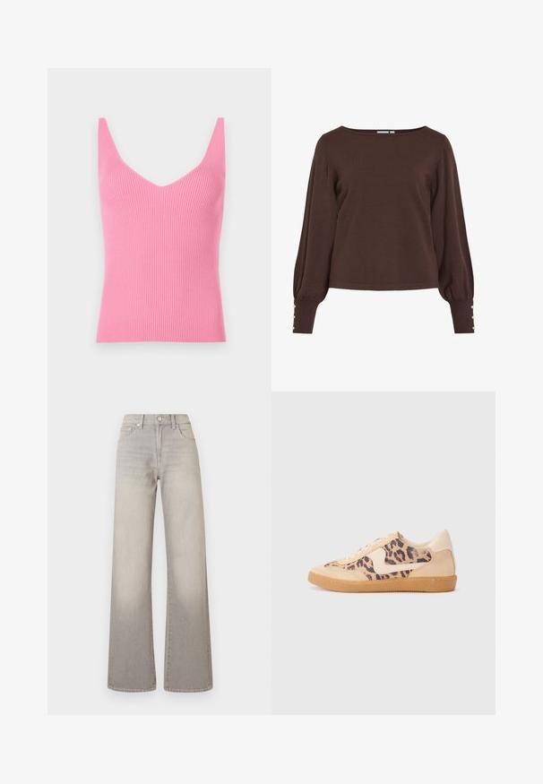 Hnedý pletený sveter s výstrihom loďkového tvaru, dlhými nadýchanými rukávmi a ozdobnými gombíkmi na manžetách. Má voľný strih a hladkú textúru.; Priliehavý ružový rebrovaný top s hlbokým V-výstrihom, hrubými ramienkami a hladkou textúrou. Vhodný na vrstvenie alebo nosenie samostatne.; Šedé široké džínsy s vyblednutým povrchom, zapínanie na gombík, dizajn s piatimi vreckami a prešitie pozdĺž švov.; Tenisky s leopardím vzorom, s béžovým semišovým zvrškom, svetlohnedou gumovou podrážkou a bielymi akcentmi. Okrúhla špička a šnurovací dizajn s textúrovaným povrchom.