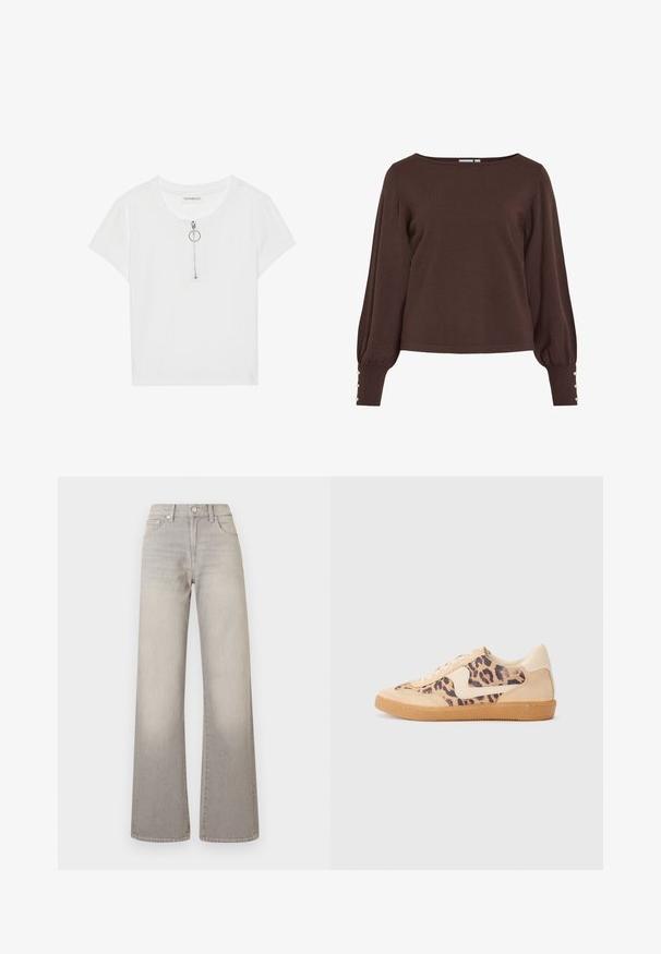 Brown knitted sweater with a boat neckline, long puff sleeves, and button accents at the cuffs. Features a relaxed fit and smooth texture.; White ribbed short-sleeve shirt featuring a zip with a silver ring pull. Round neckline and a relaxed fit, made from a soft textile.; Gray wide-leg jeans with a faded finish, button closure, five-pocket design, and stitched detailing along the seams.; Leopard print sneakers with beige suede upper, tan rubber sole, and white accents. Round toe and lace-up design with a textured finish.